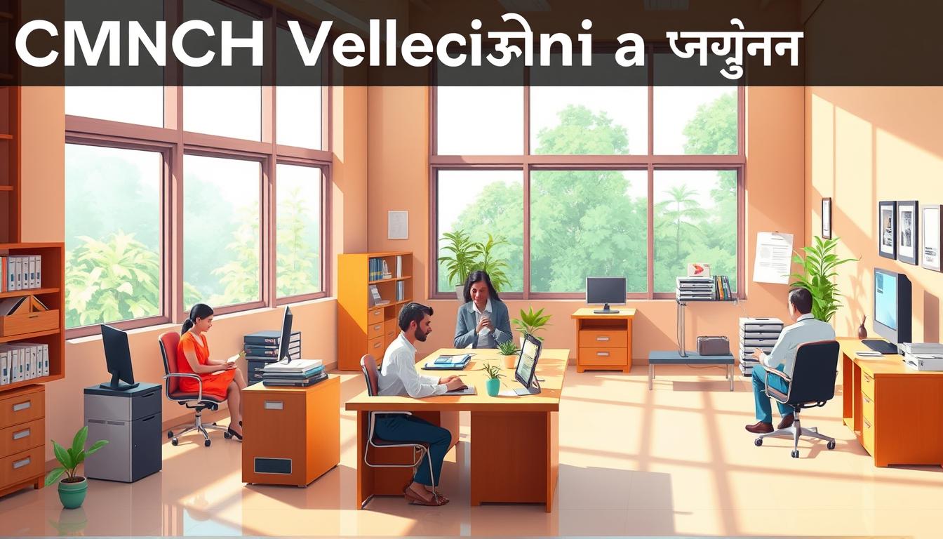 A detailed, photorealistic illustration of the "CMCH वेल्लोर चयन प्रक्रिया" (CMCH Vellore Selection Process). The image should depict the key stages of the selection process, such as application submission, document verification, written exam, interview, and final selection. Set in a warm, professional office environment with modern furnishings and equipment. Bright, natural lighting from large windows illuminates the scene. The composition should be balanced, with the different stages of the process arranged in a clear, logical flow. The overall mood should convey a sense of efficiency, diligence, and fairness in the selection proceedings. No text overlay, only the visual representation of the selection process.