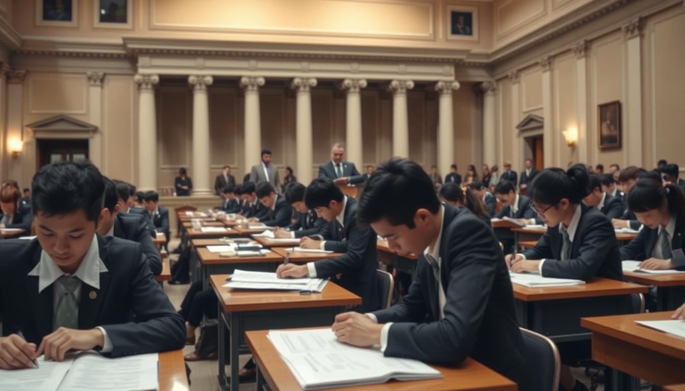 A detailed, high-resolution image of the WCDC selection process. The foreground shows a group of applicants sitting at desks, focused on their written exam papers. The middle ground features officials in formal attire overseeing the proceedings, ensuring fairness and order. The background depicts a government building with classical architecture, conveying a sense of authority and tradition. The lighting is warm and uniform, creating a professional atmosphere. The image is captured with a wide-angle lens to showcase the scale and importance of the event, while maintaining clarity in the details.