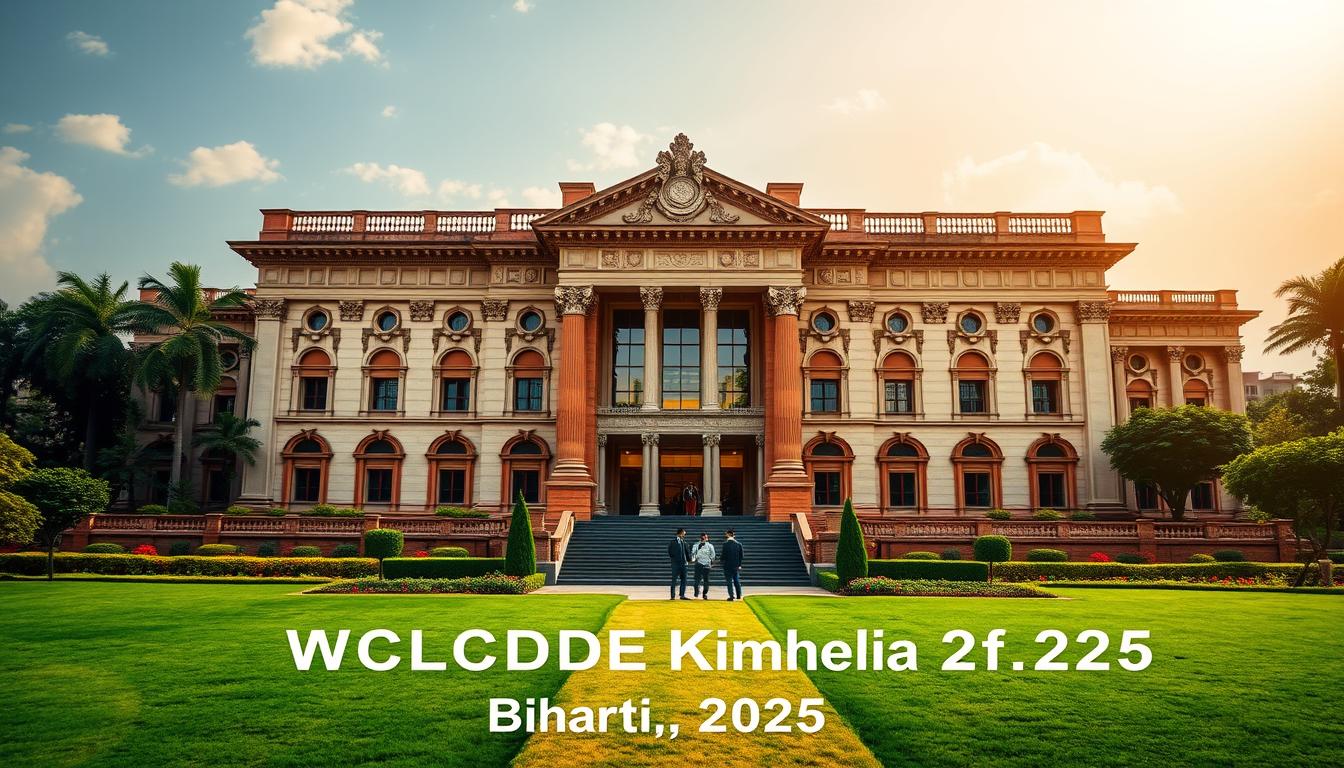 A grand and stately government building set against a backdrop of the lush, verdant landscapes of Bihar, India. The facade is adorned with intricate carvings and architectural details, exuding an air of authority and dignity. Sunlight streams in through large windows, casting a warm, inviting glow across the scene. In the foreground, a well-manicured lawn leads up to the building's grand entrance, with a few figures standing admiring the impressive structure. The overall mood is one of pride, stability, and a sense of purpose, befitting the important announcement of the WCDC Bihar Bharti 2025.