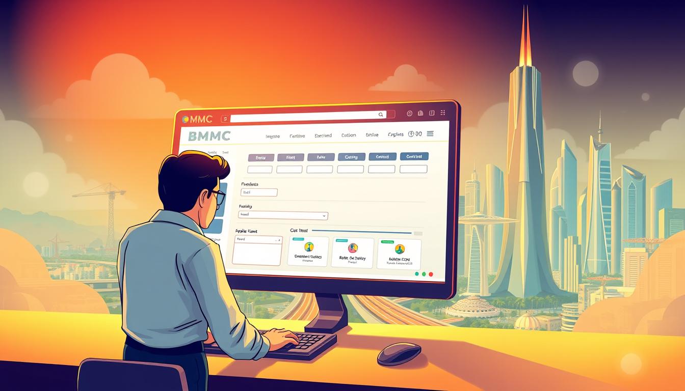 A detailed, richly-colored illustration depicting the online application process for BMMC (Bharat Mala Mega Corridor). In the foreground, a user navigates through a sleek, intuitive web interface, filled with form fields and submission buttons. The middle ground showcases the various steps of the application workflow, with icons and progress indicators guiding the user. In the background, a towering, futuristic cityscape with gleaming skyscrapers and infrastructure projects symbolizes the scale and ambition of the BMMC initiative. The scene is illuminated by warm, directional lighting, creating a sense of professionalism and efficiency. The overall mood is one of modernity, accessibility, and the seamless integration of technology in public service delivery.