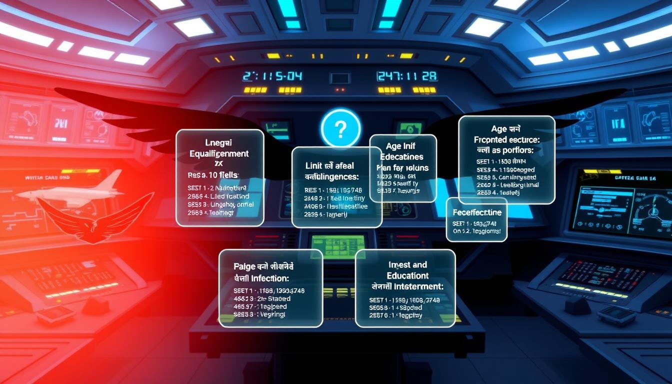 A detailed illustration of the educational qualifications and age limits for the Indian Air Force Agniveervayu recruitment program. In the foreground, a stylized silhouette of the IAF logo with wings spread, lit dramatically from the side. In the middle ground, floating holographic displays showcasing the specific educational and age requirements, presented in a clean, modern layout. The background features a futuristic, high-tech control room setting with glowing panels, digital readouts, and a sense of authority and professionalism. The overall tone is authoritative, informative, and visually striking, capturing the essence of the "शैक्षिक योग्यता और आयु सीमा" section.