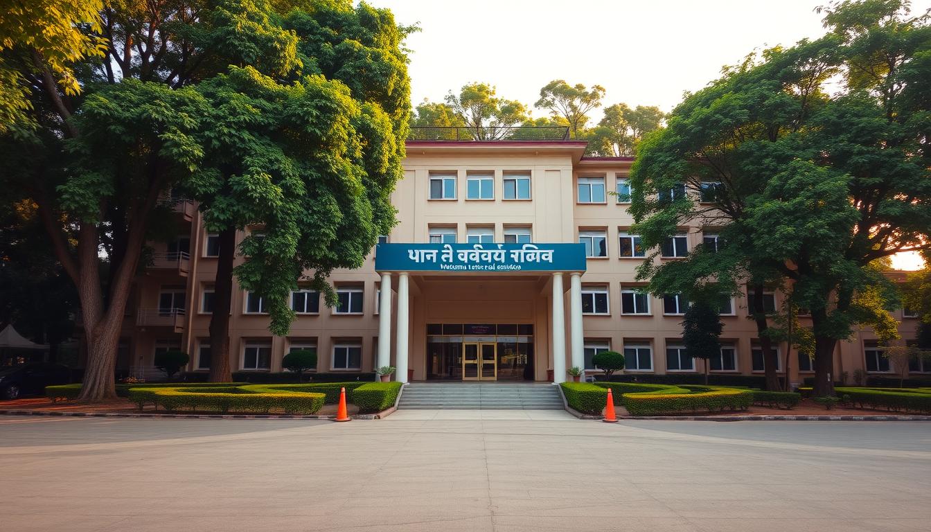 A grand, two-story building with a majestic facade stands tall against a backdrop of lush green trees. The entrance is adorned with a prominent signage reading "पीलीभीत भर्ती परीक्षा केंद्र", welcoming prospective candidates. The building is bathed in warm, golden light, creating a sense of inviting and professional atmosphere. Rows of windows line the upper floors, hinting at the busy activity within. The grounds are well-maintained, with neatly trimmed hedges and a paved driveway leading up to the main entrance. A large, open space in front of the building suggests ample room for crowd management and organization during the examination.