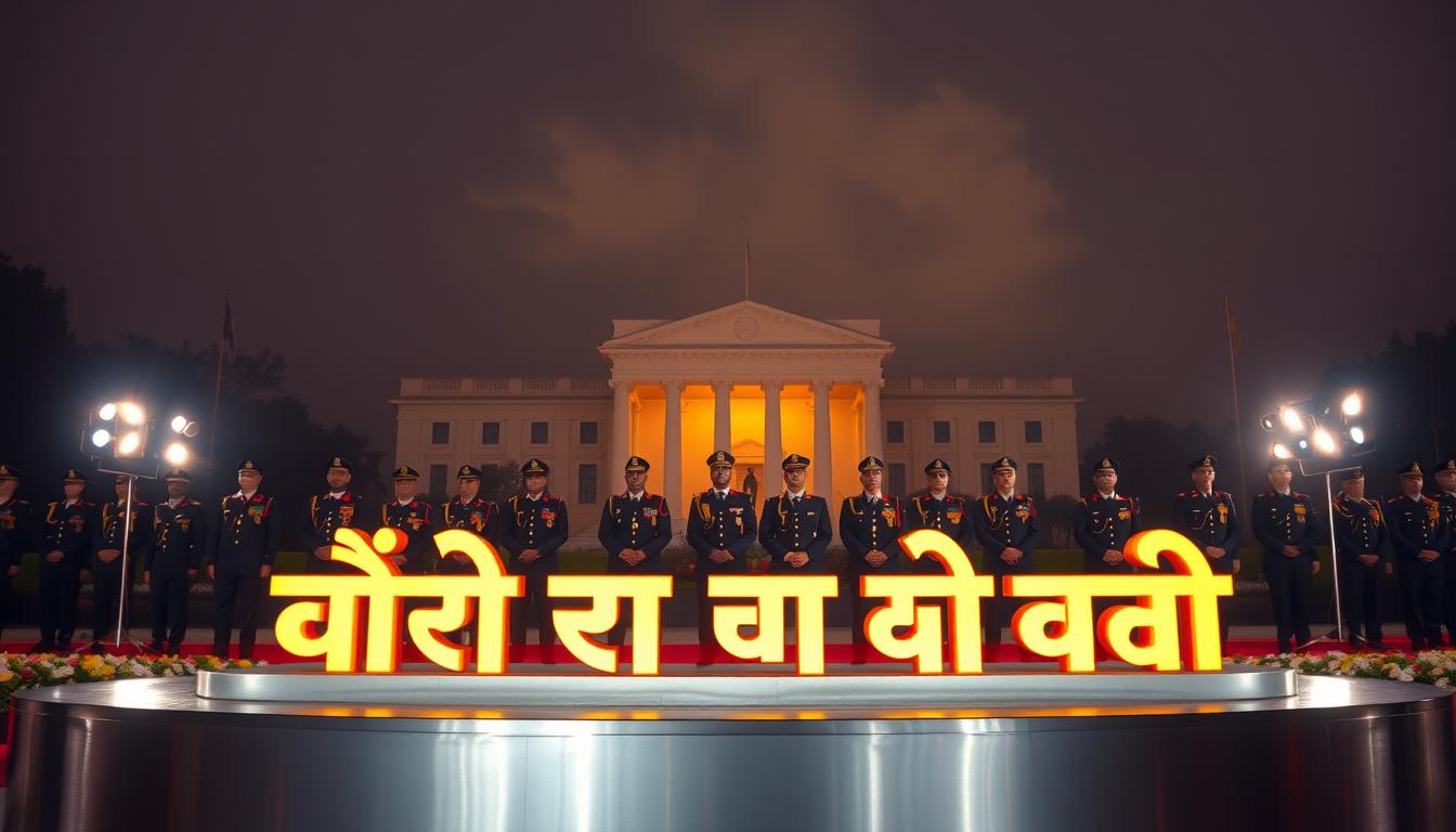 A gleaming silver-grey podium stands in the foreground, reflecting the warm glow of overhead spotlights. On the podium, bold Devanagari script spells out "अग्निवीर वेतन और भत्ते", illuminated against a backdrop of a stately, neo-classical government building. In the middle ground, smartly uniformed Indian Air Force personnel stand at attention, their insignia and medals catching the light. The scene is set against a hazy, atmospheric skyline, with wispy clouds drifting overhead, conveying a sense of pride, professionalism and the gravity of the occasion.