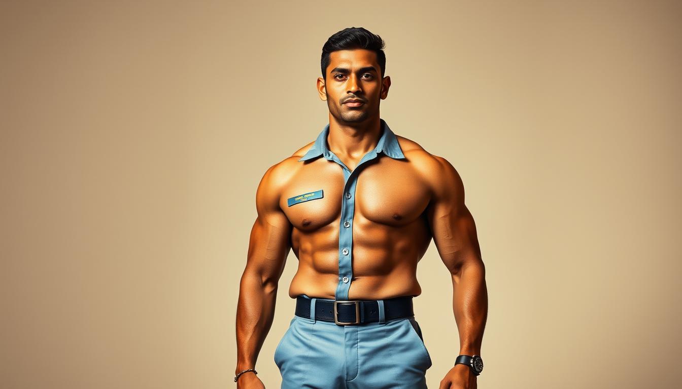 A muscular, athletic male figure in the prime of life, standing tall and proud in the official uniform of the Indian Air Force Agniveervayu. Warm, directional lighting highlights the contours of his well-defined physique, revealing the physical prowess and fitness required for this elite military role. The background is a clean, minimalist setting, allowing the subject to be the focal point, conveying the importance of physical conditioning and medical readiness for the Agniveervayu program. The overall mood is one of strength, discipline, and the dedication needed to serve in the Indian Air Force.