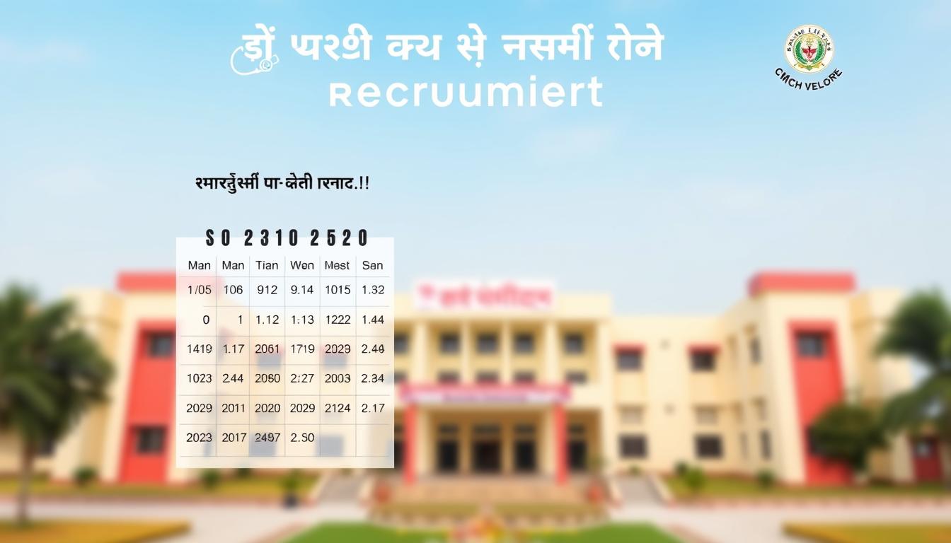 A vibrant and informative poster showcasing the key recruitment dates for CMCH Vellore. The design features a clean, minimalist layout with a soft, warm color palette. In the foreground, a detailed calendar grid prominently displays the important dates, with the section title "महत्वपूर्ण तिथियां और समय-सारिणी" placed at the top. The middle ground includes subtle graphical elements like a medical cross or stethoscope, hinting at the healthcare context. The background is a blurred, out-of-focus image of the CMCH Vellore campus, providing a sense of place and authenticity. The overall mood is professional, informative, and visually appealing, effectively communicating the key recruitment details.