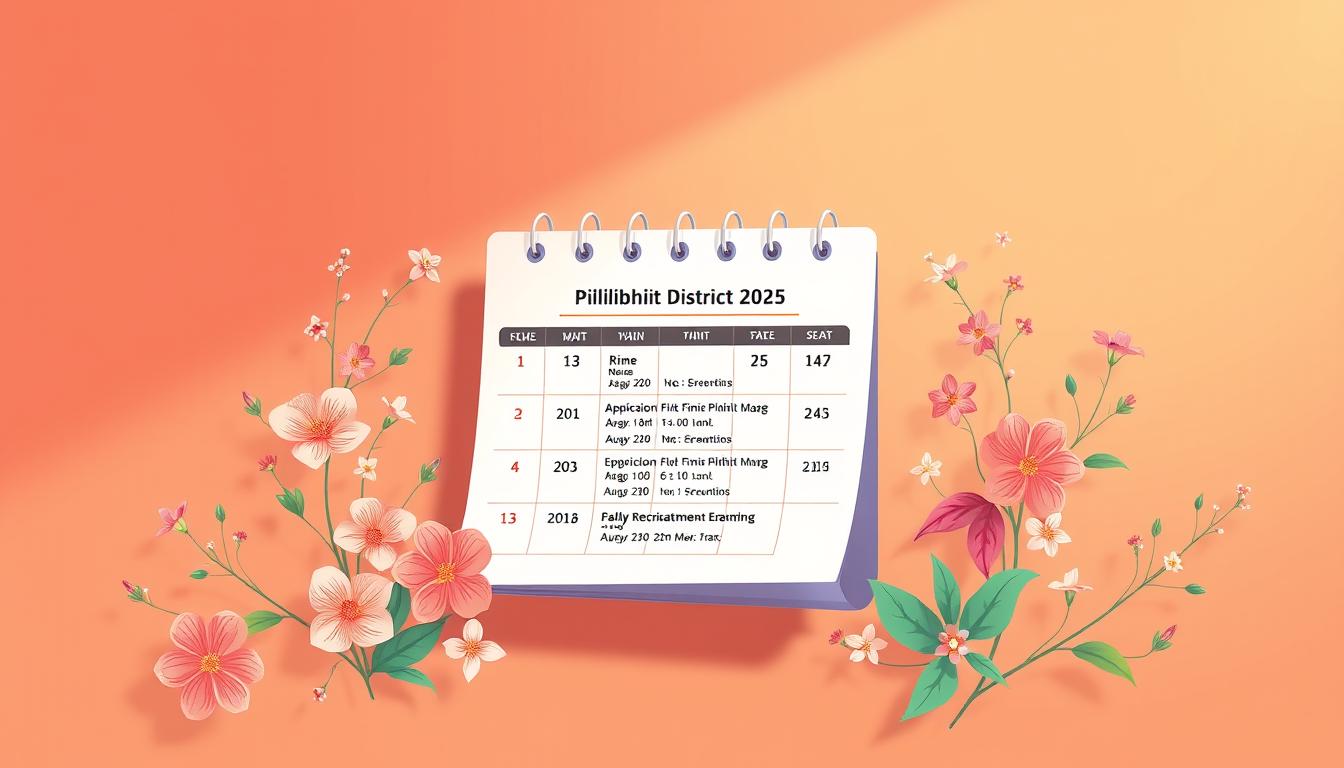 A vibrant, elegantly-styled illustration showcasing the key recruitment dates for Pilibhit District in 2025. Set against a warm, earthy color palette, the composition features a central calendar display with crisp, legible typography highlighting the important application and examination timelines. Surrounding the calendar are delicate floral elements and subtle graphic details that create a visually-striking, informative layout. The lighting is soft and diffused, evoking a professional, administrative tone. The angle is a slightly elevated perspective, allowing the viewer to clearly read the details. The overall mood is one of organization, clarity, and reliability - qualities essential for an official government recruitment announcement.