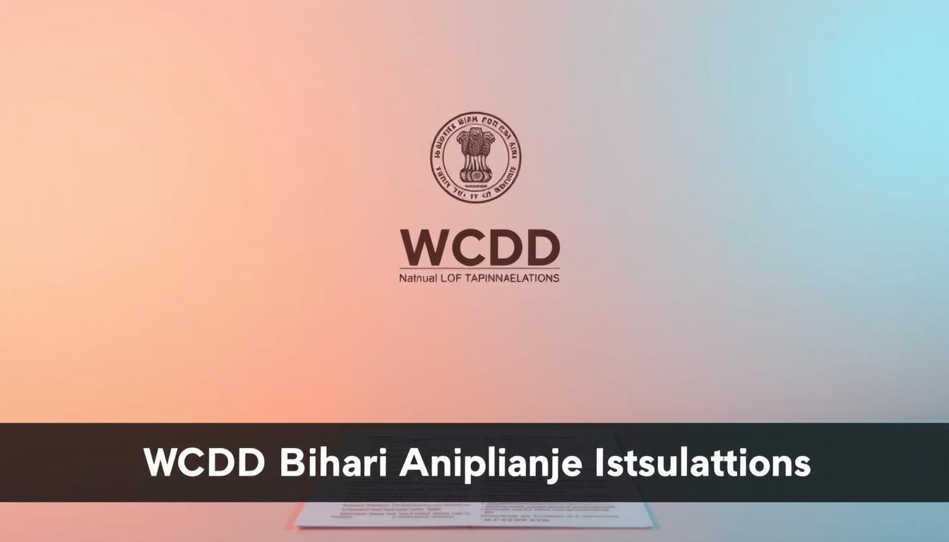 A visually engaging image of "WCDC Bihar Bharti Application Instructions" set against a clean, professional backdrop. The foreground features a well-organized layout of key application details presented in a clear, easy-to-read format. The middle ground showcases the official WCDC logo and branding, conveying the authoritative nature of the content. The background subtly transitions from a warm, neutral tone to a cool, calming gradient, creating a sense of depth and sophistication. Soft, directional lighting illuminates the composition, drawing the viewer's eye towards the crucial information. The overall aesthetic strikes a balance between informative and visually appealing, reflecting the importance of the subject matter.