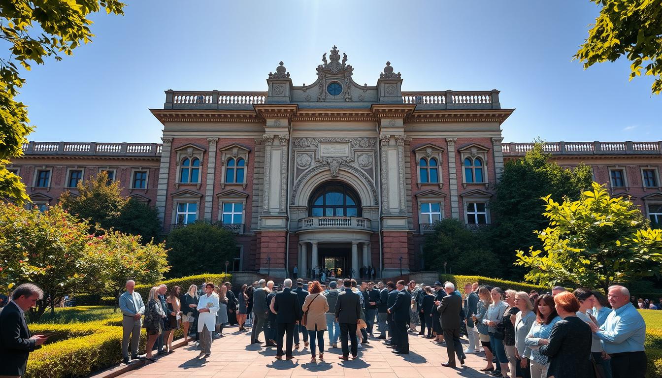 A large building with an ornate facade, surrounded by lush greenery and a paved walkway leading to the entrance. The structure has a grand, imposing presence, with intricate architectural details and a prominent central archway. Sunlight streams in, casting warm, natural lighting across the scene. A crowd of people, smartly dressed, gathers outside, waiting to enter the building for a formal interview process. The atmosphere is one of anticipation and professionalism, with a sense of important events unfolding within the stately walls.