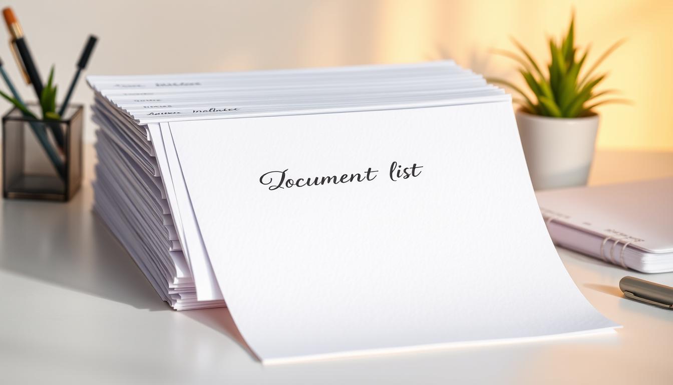 A neatly organized document list on a clean, crisp office desk. The documents are stacked in an orderly fashion, with each file folder clearly labeled in an elegant cursive script. Warm, directional lighting casts a soft glow, highlighting the textured surfaces and creating subtle shadows. The overall scene conveys a sense of professionalism, attention to detail, and the careful management of important paperwork. The composition is balanced, with the document list as the central focus, surrounded by minimal yet refined office accessories such as a pen holder and a potted plant. The atmosphere is one of efficiency, organization, and the careful handling of crucial administrative materials.