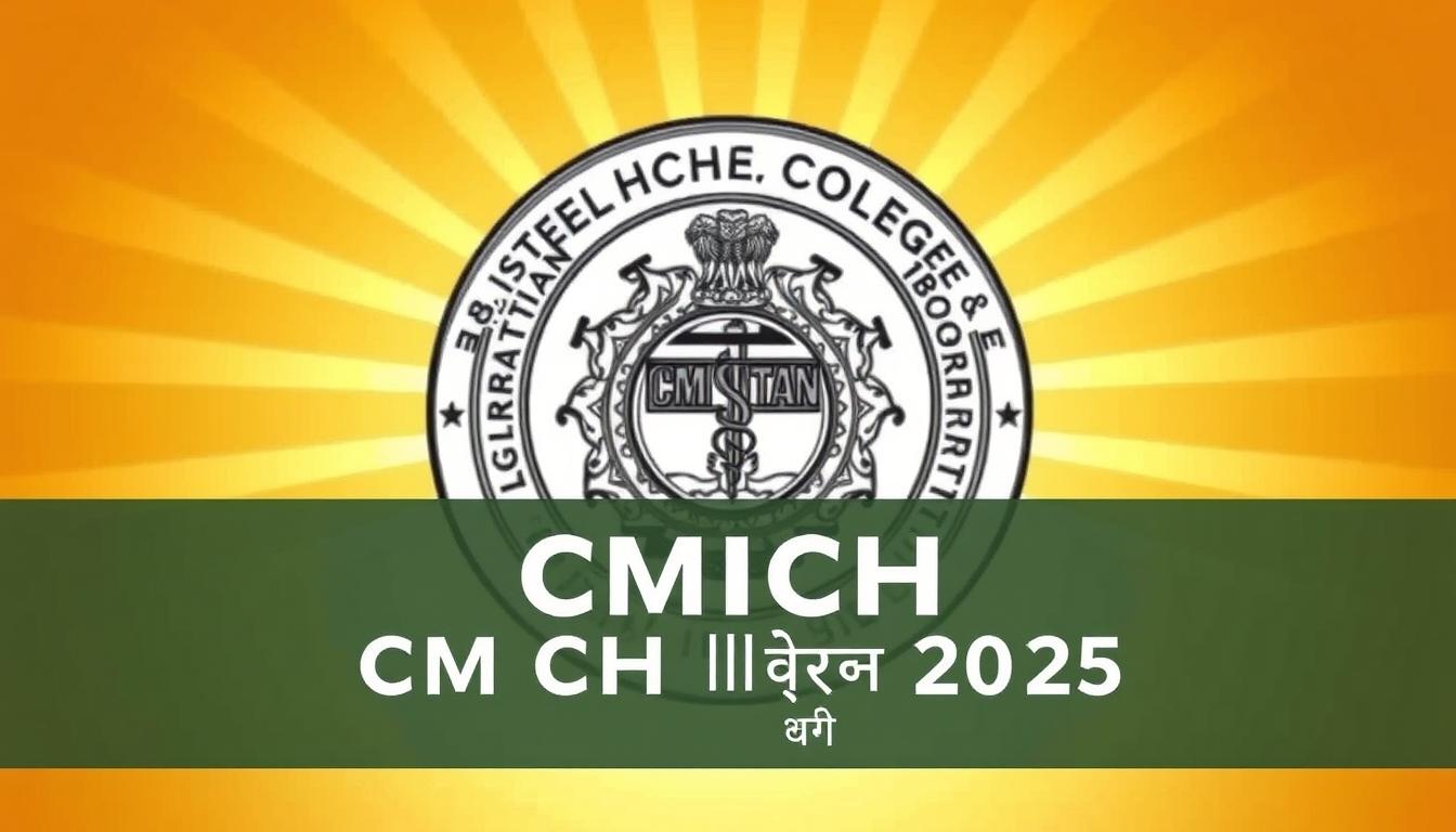 A detailed illustration of "CMCH वेल्लोर भर्ती 2025" showcasing the official seal of the Christian Medical College and Hospital in Vellore, India. The seal is prominently displayed in the center of the frame, rendered in intricate detail with a classic, timeless aesthetic. The background features a warm, golden-hued gradient, evoking a sense of prestige and institutional authority. The overall composition is balanced and symmetrical, creating a visually striking and professional-looking image suitable for the article's section on "CMCH Vellore Recruitment 2025 का विवरण".