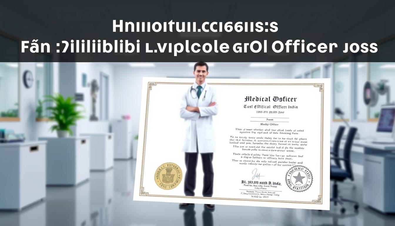 A well-lit, detailed illustration of the qualifications and requirements for a medical officer position in Pilibhit District, India. The foreground shows a formal, official-looking certificate or diploma with crisp text and seals, conveying the official credentials needed. The middle ground depicts a medical professional in a white coat standing confidently, symbolizing the necessary expertise. The background features a clean, modern office environment with medical equipment, suggesting the professional setting. The overall mood is authoritative, informative, and visually appealing to communicate the key eligibility details for this recruitment opportunity.