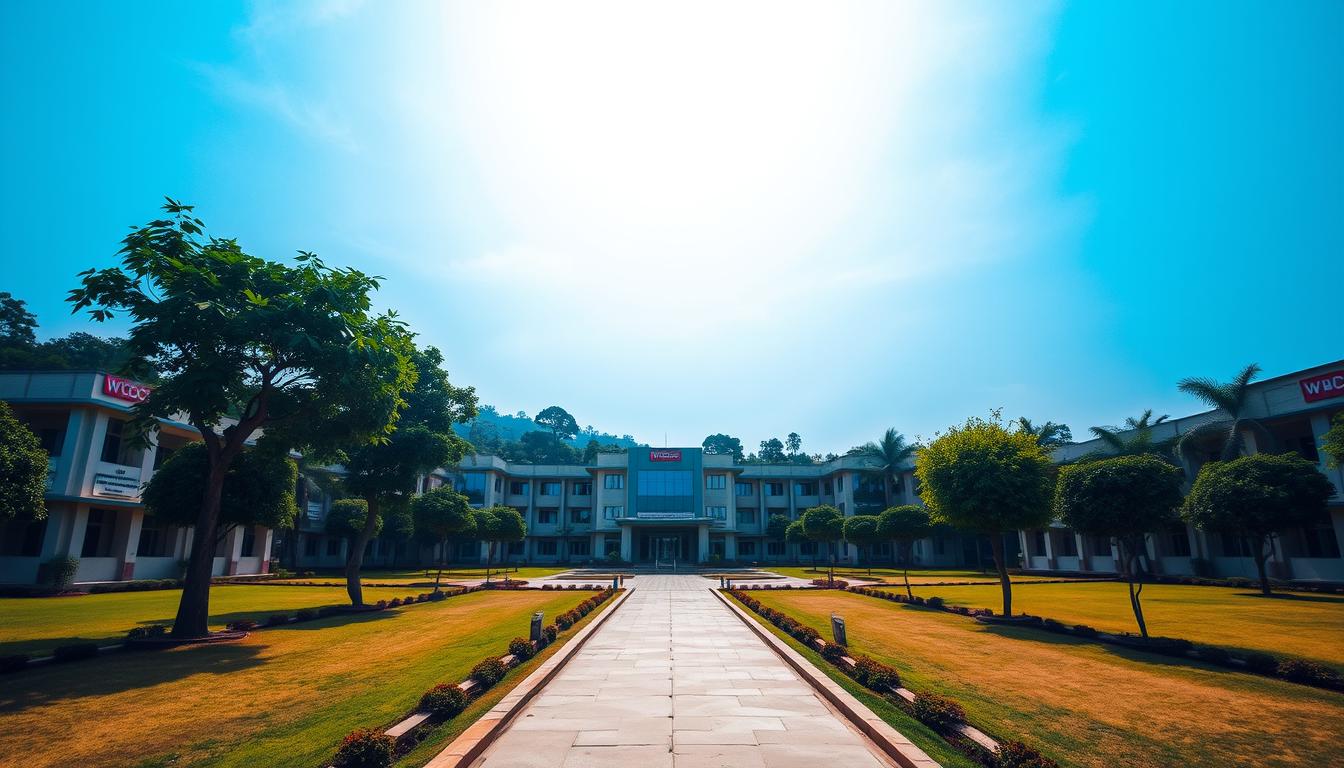 A serene, well-lit administrative campus nestled in the heart of Bihar, India. The WCDC (Women's Career Development Center) stands tall, its modern architecture blending seamlessly with the lush, verdant surroundings. Rows of neatly aligned office buildings, their facades adorned with tasteful signage, suggest an organized, professional work environment. In the foreground, a well-maintained pathway leads visitors towards the main entrance, flanked by meticulously manicured lawns and carefully pruned trees. The sky above is a brilliant, cloudless blue, creating a sense of tranquility and optimism. This image captures the essence of the WCDC's role as a hub for employment opportunities, poised to empower the people of Bihar through its robust job placement programs.