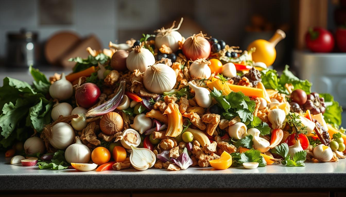 A kitchen counter overflowing with an assortment of fruit and vegetable scraps, including onions, garlic, and other organic waste. The items are arranged in a visually appealing, compositional manner, with varying shapes, colors, and textures creating visual interest. The lighting is natural and soft, casting gentle shadows and highlights on the produce, emphasizing their freshness and vibrant hues. The background is slightly blurred, drawing the viewer's attention to the foreground compost pile. An overall sense of harmony and balance is conveyed, reflecting the idea of a well-managed compost system.