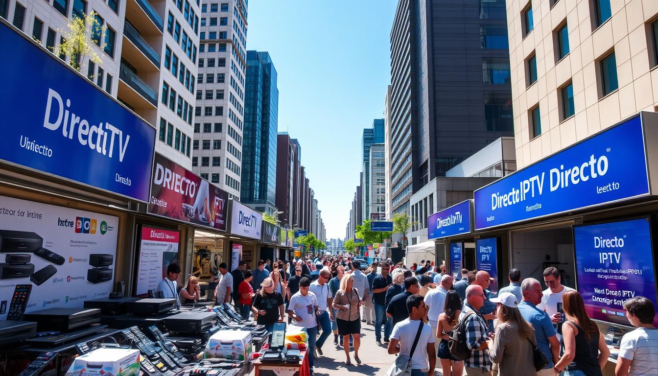 A bustling outdoor marketplace featuring several providers of Directo IPTV services, surrounded by modern buildings and a clear blue sky. The foreground showcases various IPTV devices, remote controls, and digital signage advertising the Directo IPTV brand and its offerings. The middle ground depicts a diverse crowd of potential customers examining the products and engaging with the service representatives. The background features tall, contemporary structures, conveying a sense of a thriving urban environment. The lighting is natural and bright, creating a welcoming atmosphere. The overall scene captures the vibrant and dynamic nature of the IPTV industry in Spain.