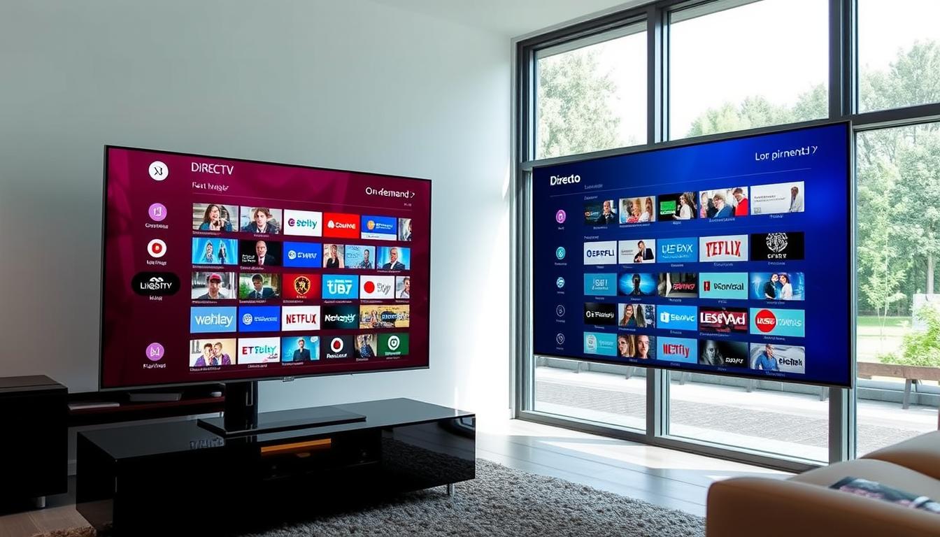 A contemporary living room with a sleek smart TV displaying the Directo IPTV interface. The room has large windows providing natural lighting, and the TV is mounted on a minimalist black entertainment unit. The TV interface showcases a wide variety of live TV channels and on-demand content, reflecting the comprehensive IPTV offerings available in Spain. The overall atmosphere is modern, inviting, and focused on the immersive IPTV experience.