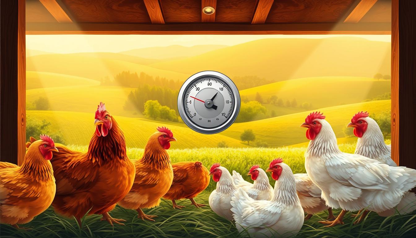 A vibrant, detailed illustration showcasing the impact of temperature and humidity on chicken growth. A chicken coop in the foreground, with chickens of varying sizes thriving in an ideal environment of moderate temperature and humidity. In the middle ground, a thermometer and hygrometer display optimal conditions, while the background depicts a lush, verdant landscape with trees and rolling hills. Warm, natural lighting filters through the scene, creating a sense of harmony and balance. The composition emphasizes the interplay between environmental factors and the healthy development of the chickens, conveying the importance of maintaining a favorable climate for poultry farming.