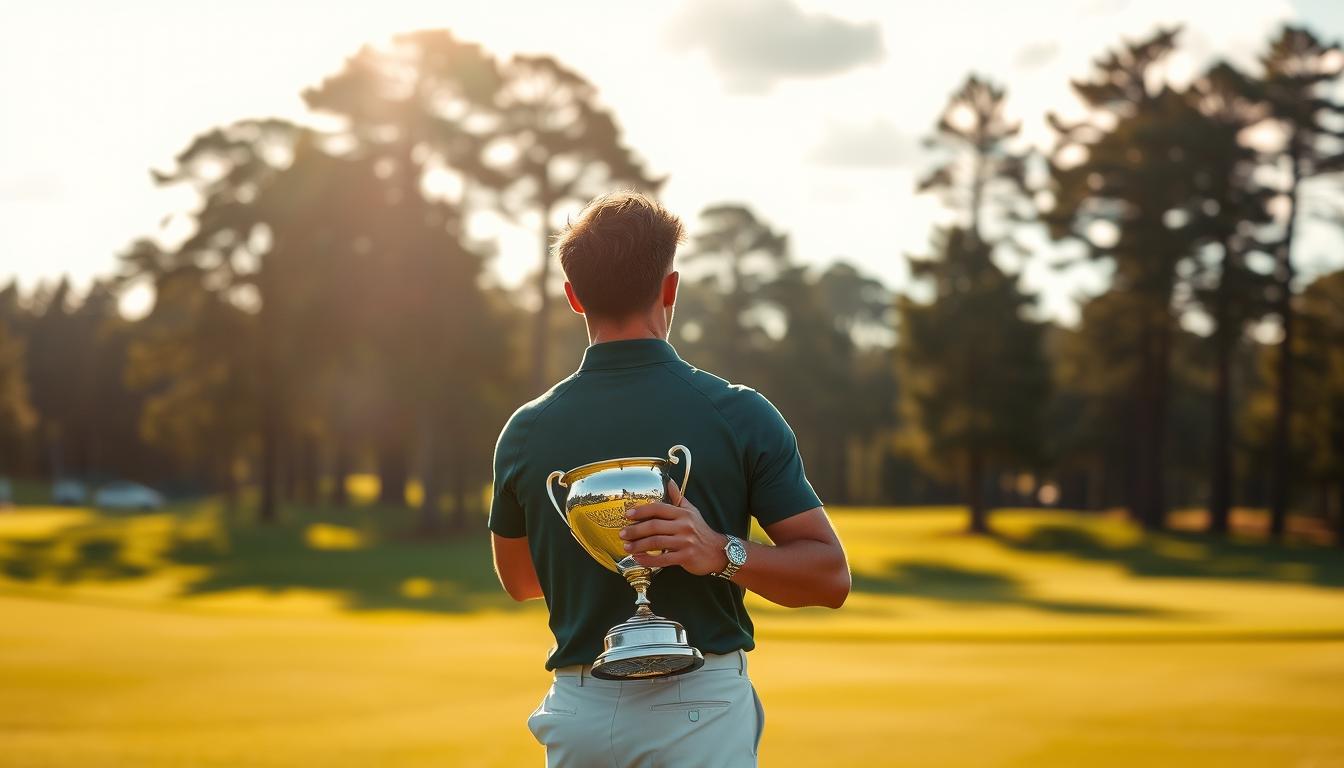 Rory McIlroy, the renowned Northern Irish golfer, stands triumphantly on a manicured golf course, his gaze fixed on the distant horizon. The sun casts a warm glow, highlighting the crisp details of his golf attire and the championship trophy gleaming in his hands. The lush green fairways and towering pine trees create a serene, picturesque backdrop, reflecting McIlroy's mastery of the game. The image conveys a sense of accomplishment, power, and the culmination of a lifetime of dedication to the sport. Subtle depth-of-field blur emphasizes the focus on the subject, drawing the viewer's attention to McIlroy's proud, victorious expression.