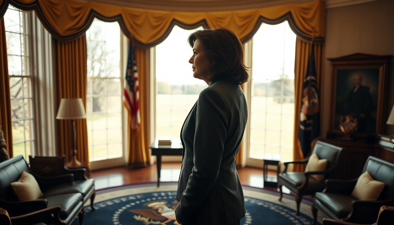 A formal portrait of Michigan Governor Gretchen Whitmer in the Oval Office, standing in a thoughtful pose as she gazes out a large window overlooking the White House lawn. Warm, natural lighting bathes the scene, casting a contemplative mood. Whitmer is dressed professionally in a smart suit, her expression serious yet resolute, conveying the weight of her unexpected summons to the President's inner sanctum. The Oval Office details are rendered with precise, photorealistic clarity - the ornate furniture, the presidential seal on the rug, the iconic curved architecture. The overall atmosphere suggests a pivotal moment, a governor finding her footing amidst the power dynamics of Washington.
