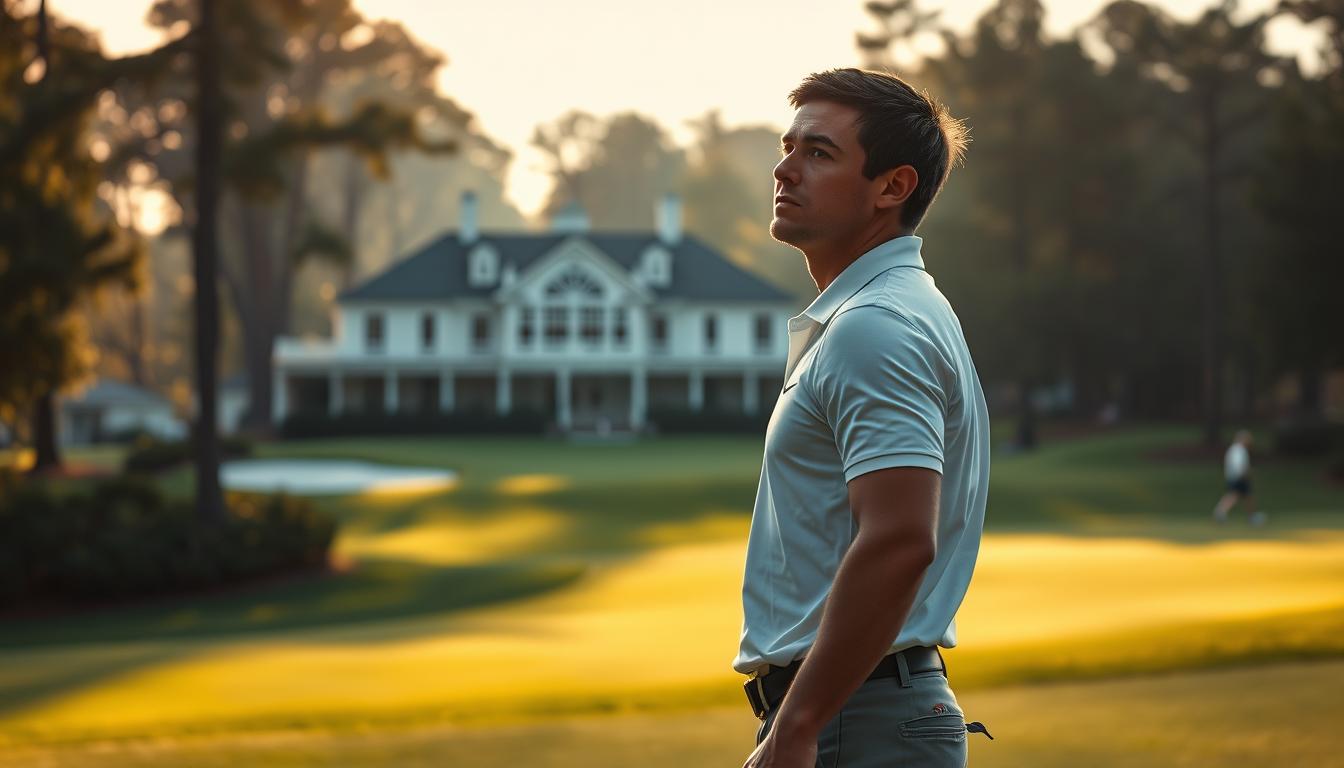 A dramatic, cinematic image of Rory McIlroy standing tall on the grand, manicured grounds of Augusta National Golf Club, the iconic clubhouse and lush fairways visible in the background. Soft, warm lighting bathes the scene, casting deep shadows and highlights that accentuate McIlroy's focused expression and powerful stance. The camera angles upward, capturing his determination and mastery of the game. The verdant landscape and iconic architecture evoke the prestigious history and grandeur of the Masters tournament, setting the stage for McIlroy's quest for that elusive first green jacket.