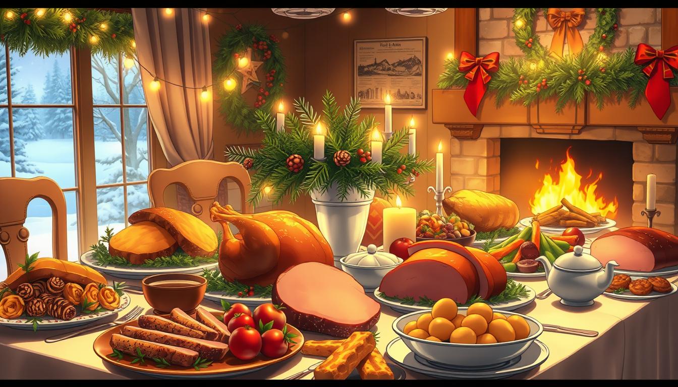 A festive holiday feast with an array of traditional Christmas dishes, from roast turkey with savory stuffing to glazed ham, creamy mashed potatoes, and a vibrant selection of roasted vegetables. The table is beautifully set, adorned with twinkling lights, holly sprigs, and a stunning centerpiece of evergreen boughs and pine cones. Warm, cozy lighting casts a golden glow, creating a inviting and celebratory atmosphere. In the background, a glimpse of a crackling fireplace and snow-covered landscape sets the perfect winter scene.