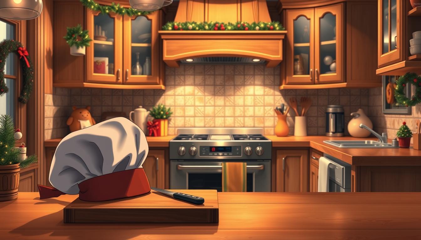 A cozy, well-appointed kitchen with warm wooden accents and a touch of whimsy. The countertops are adorned with festive holiday decor, casting a soft, ambient glow. In the foreground, a playful chef's hat and apron sit atop a cutting board, hinting at the creative culinary adventures to come. The middle ground features a spacious, modern oven and stovetop, ready to bring holiday recipes to life. The background showcases a charming tile backsplash and cabinetry, offering ample storage and preparation space. The overall atmosphere is one of joyful, personalized culinary inspiration.