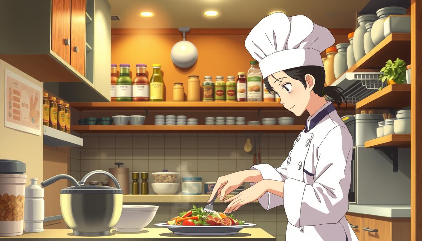 A cozy, well-equipped kitchen with warm lighting and sleek, modern appliances. In the center, a skillful chef in a crisp white uniform meticulously prepares a delectable dish, their hands moving with precision and confidence. Surrounding them, shelves of spices, herbs, and culinary tools, hinting at the depth of their culinary knowledge. The scene exudes a sense of calm focus and a passion for the art of cooking, showcasing the virtual chef's growing mastery of their craft.