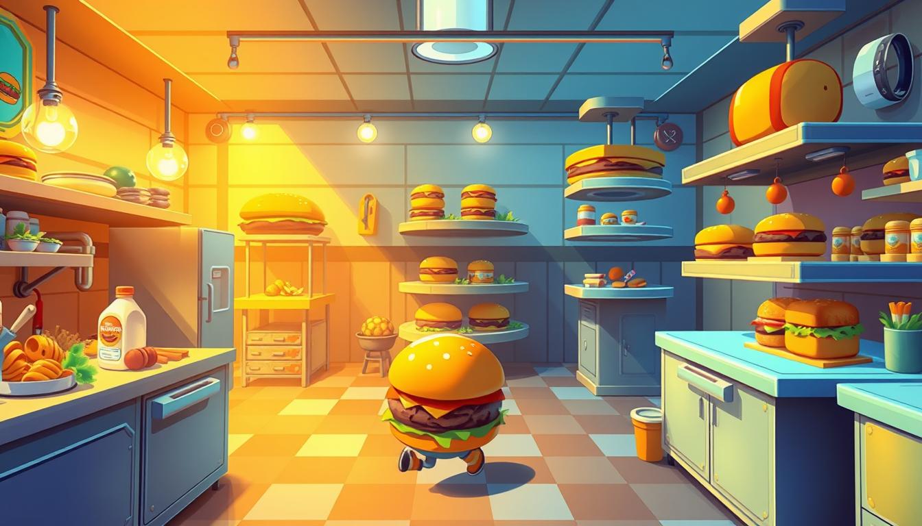 A vibrant and dynamic scene showcasing the various levels of a burger-gathering game. In the foreground, a lively character navigates through a bustling kitchen, gathering ingredients like buns, patties, and toppings. The middle ground features a series of progressively challenging stages, each with unique layouts and obstacles, inviting the player to strategize their burger-building. The background captures the overall theme, with a stylized retro-inspired aesthetic and a subtle sense of depth, creating an immersive and engaging visual experience. The lighting is warm and inviting, highlighting the textures and colors of the game elements, while the camera angle provides a dynamic, three-quarter perspective to capture the depth and progression of the levels. The overall mood is one of playfulness, challenge, and a sense of culinary adventure.