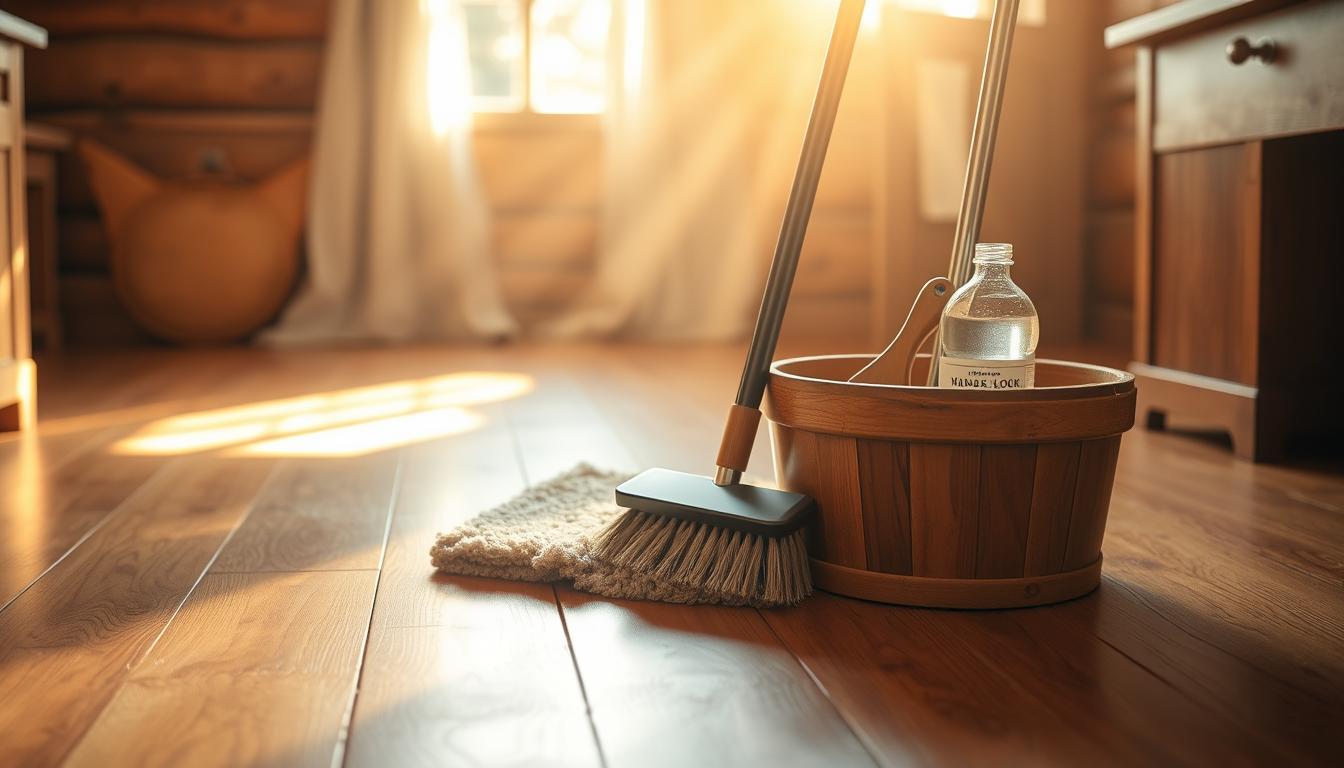 A spotless hardwood floor gleams under the soft, diffused lighting of a cozy, rustic interior. Rays of sunlight filter through the window, casting warm, golden hues across the meticulously cleaned wooden boards. Carefully curated tools - a microfiber mop, a bristle brush, and a wooden bucket filled with a gentle, natural cleaning solution - stand ready to tackle the task at hand. The room exudes a sense of tranquility and attention to detail, reflecting the importance of proper wood floor maintenance. This image captures the essence of a thorough, thoughtful wood floor cleaning process, ready to refresh and revitalize the heart of the home.