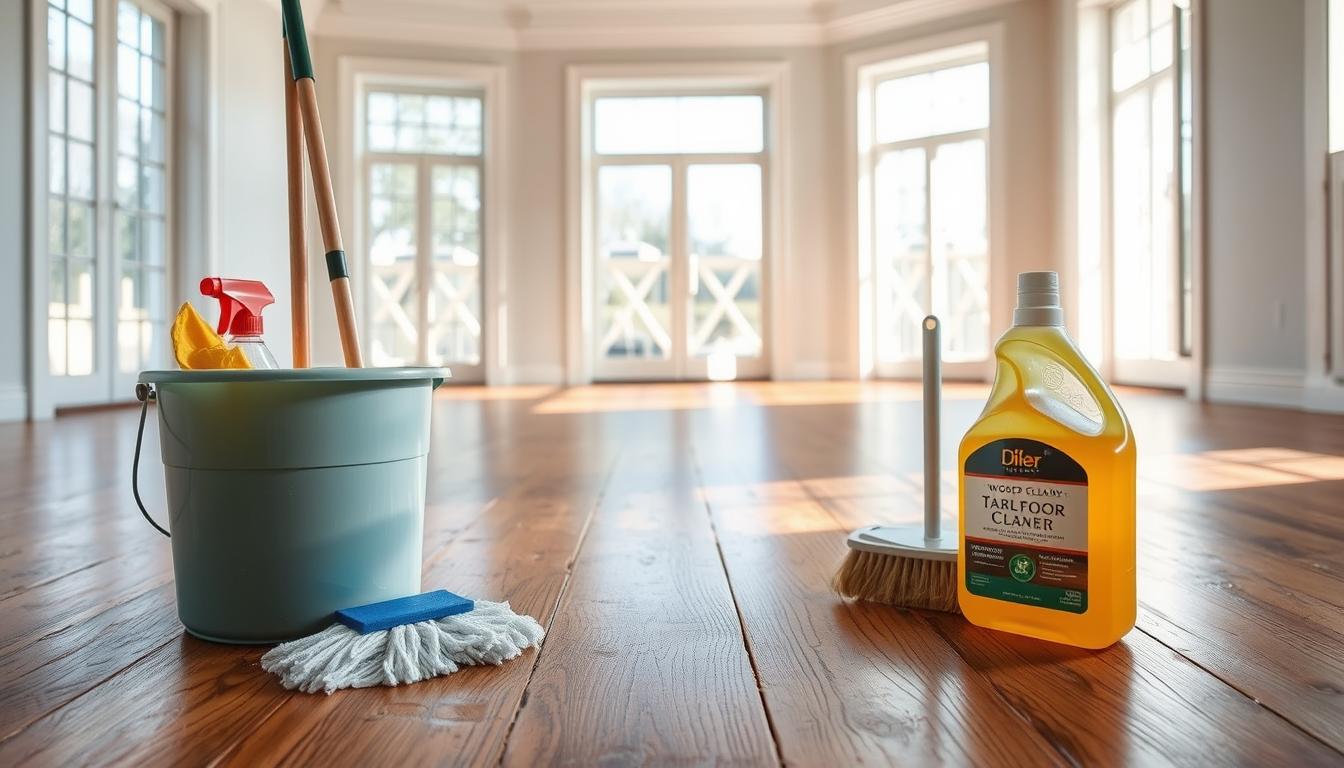 A well-lit, spacious room with a hardwood floor. In the foreground, various cleaning supplies are neatly arranged - a bucket, mop, broom, and a bottle of wood floor cleaner. The middle ground showcases the floor, its planks worn and scuffed, ready for a thorough cleaning. In the background, natural light streams in through large windows, casting a warm, inviting glow. The overall scene conveys a sense of preparedness and anticipation for the upcoming deep cleaning of the wooden floor.