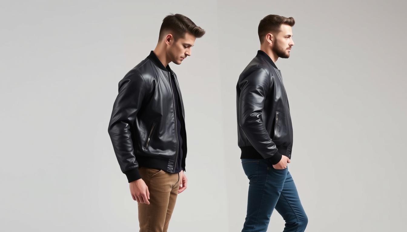 Different body types wearing properly fitted black leather bomber jackets