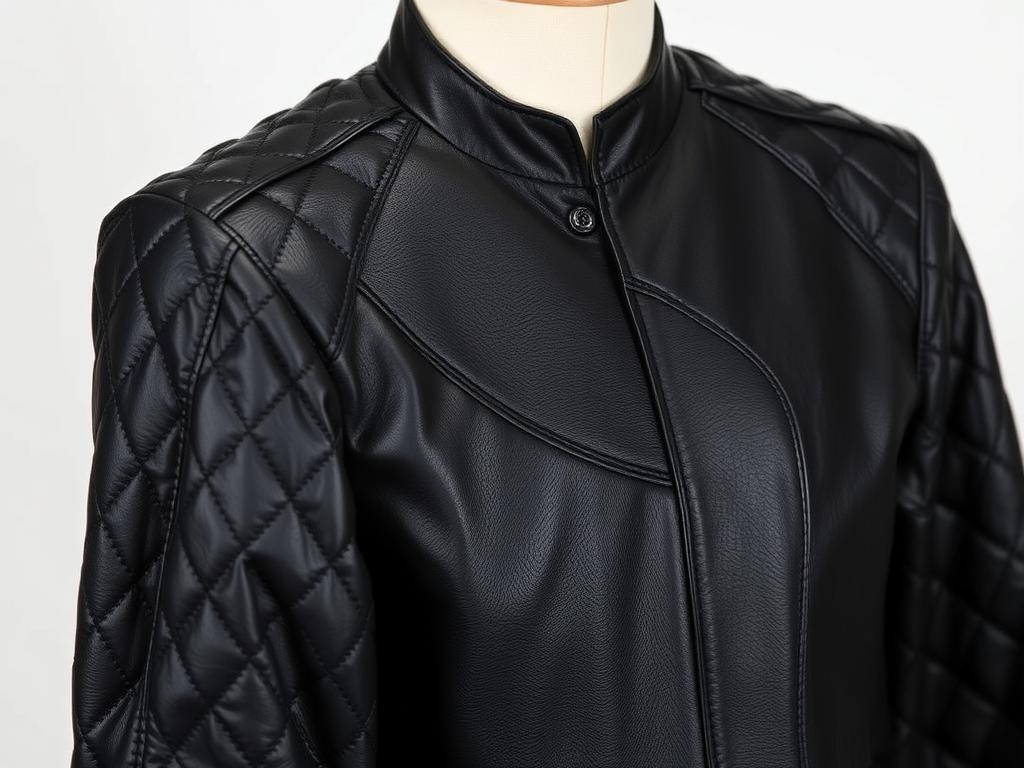 Textured black leather bomber with quilted details