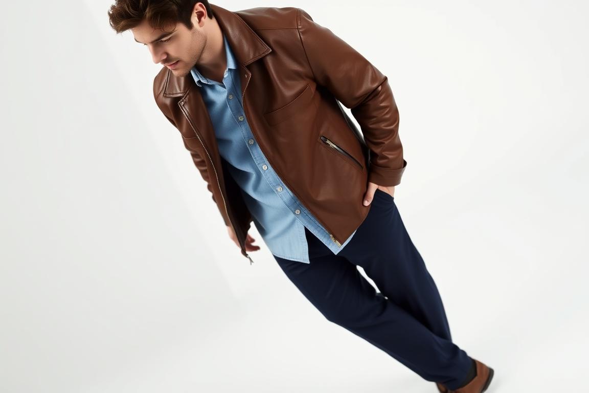Man in brown leather jacket with button-down shirt and chinos