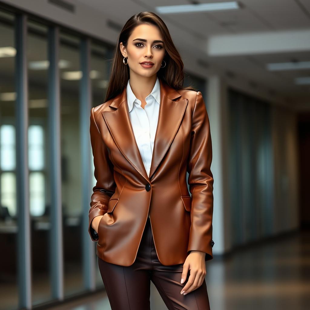 Woman wearing tailored brown leather blazer styled with business casual outfit