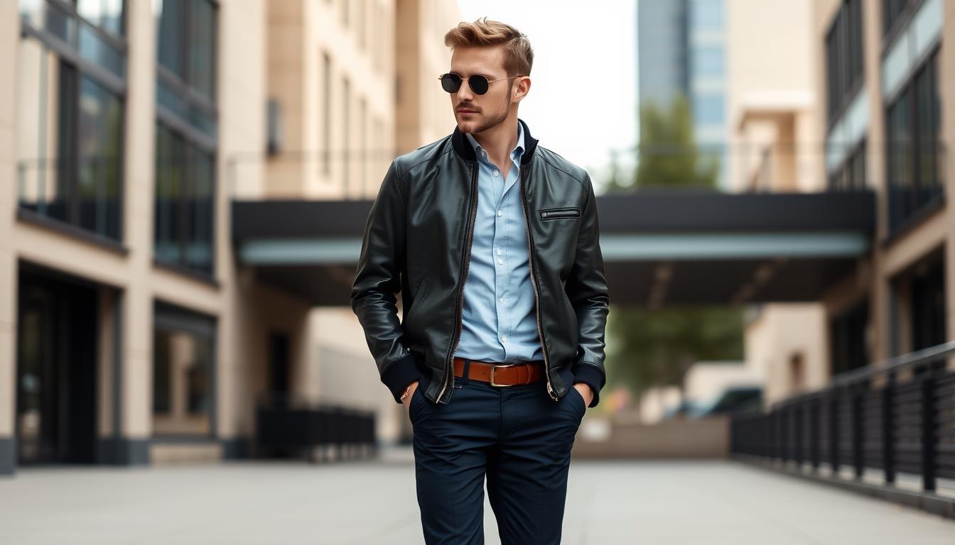 Smart-casual outfit with leather bomber jacket
