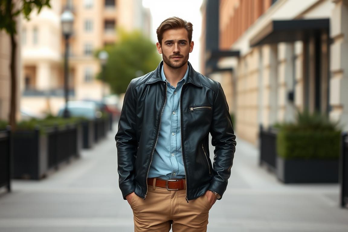Man wearing black leather jacket with button-up shirt and chinos for smart-casual look