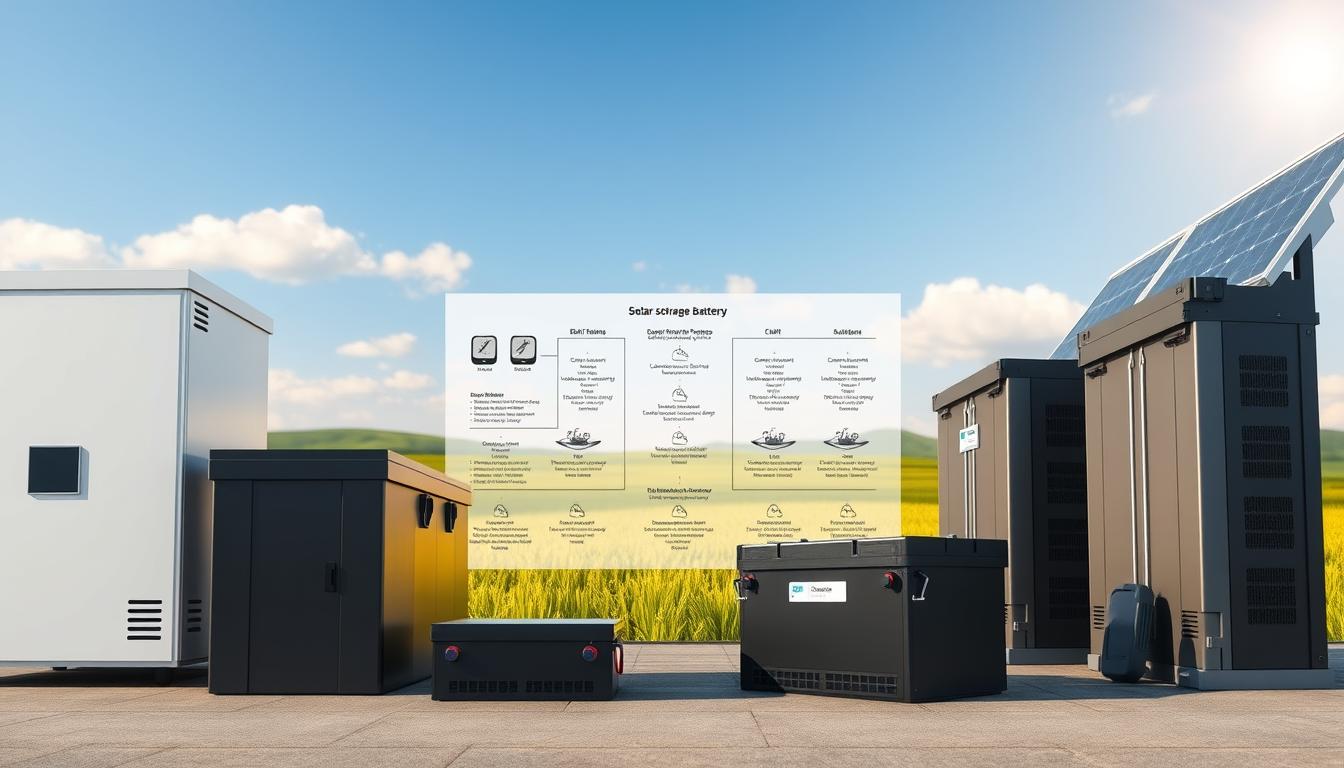 A meticulously rendered, high-resolution comparison of solar battery systems, showcasing their unique features and capabilities. In the foreground, various battery types are displayed side-by-side, their sleek, modern designs accentuated by crisp, even lighting. The middle ground features a detailed schematic diagram, highlighting the technical specifications and performance metrics of each system. In the background, a serene, sun-dappled landscape sets the stage, underscoring the renewable energy theme. The overall composition conveys a sense of technological sophistication and environmental harmony, perfectly suited to illustrate the "Assess Your Energy Storage Needs First" section of the article.