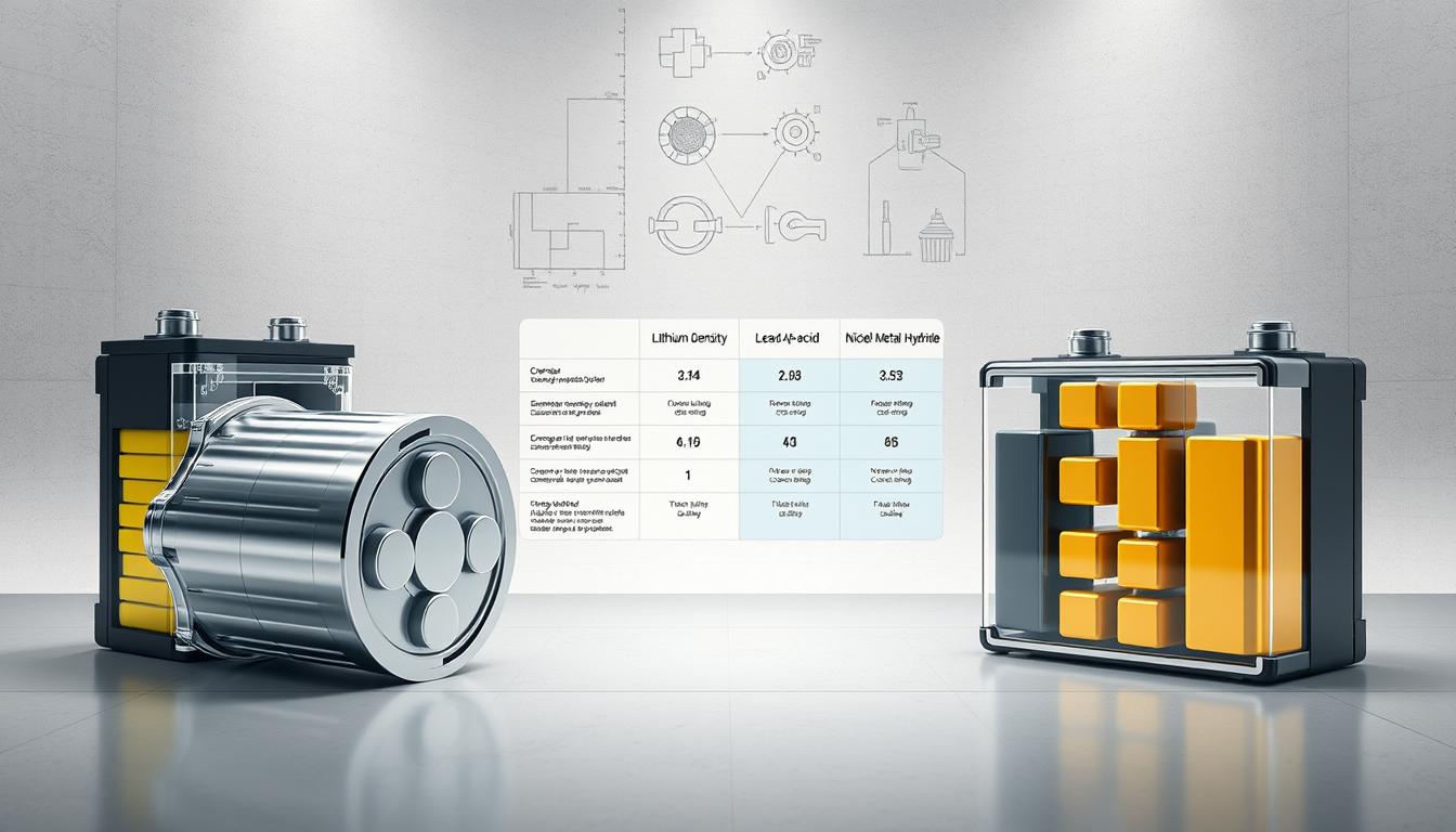 A high-quality, technical illustration showcasing a side-by-side comparison of different battery chemistries, their key characteristics, and applications. In the foreground, detailed cutaways of lithium-ion, lead-acid, and nickel-metal hydride battery cells, highlighting their internal structures and material compositions. In the middle ground, a clean, infographic-style layout contrasting the energy density, cycle life, safety, and cost profiles of these battery technologies. The background features a neutral, textured industrial backdrop with subtle grid lines and technical diagrams, conveying a sense of scientific rigor and engineering expertise. Crisp lighting from multiple angles accentuates the 3D forms and material details. The overall tone is informative, technical, and visually compelling, suitable for inclusion in a renewable energy article.