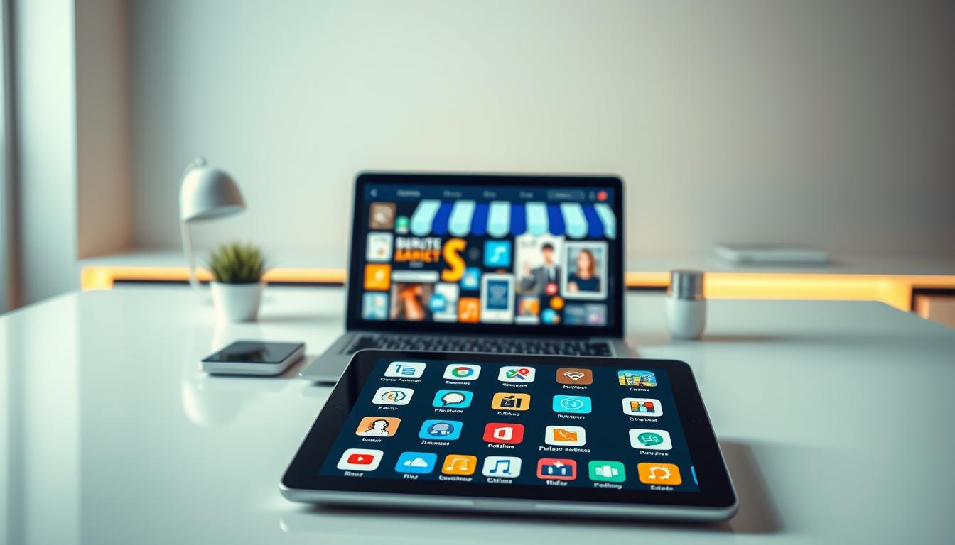 A vibrant, high-quality digital scene showcasing a variety of digital products. In the foreground, a sleek tablet device displays a range of icons representing digital assets such as ebooks, online courses, software applications, and digital art. In the middle ground, a laptop computer opens to reveal a virtual storefront, highlighting the ease of selling and distributing digital products online. The background features a clean, minimalist workspace with subtle lighting and a sense of technology and innovation. The overall mood is one of productivity, creativity, and the boundless potential of the digital economy.
