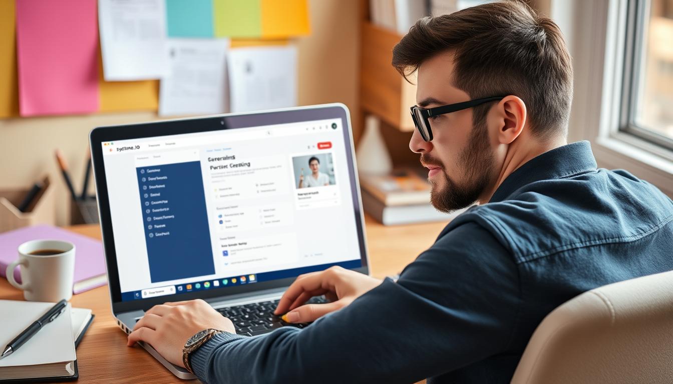 Create an image of a person using Systeme.io's course creation platform on their laptop.