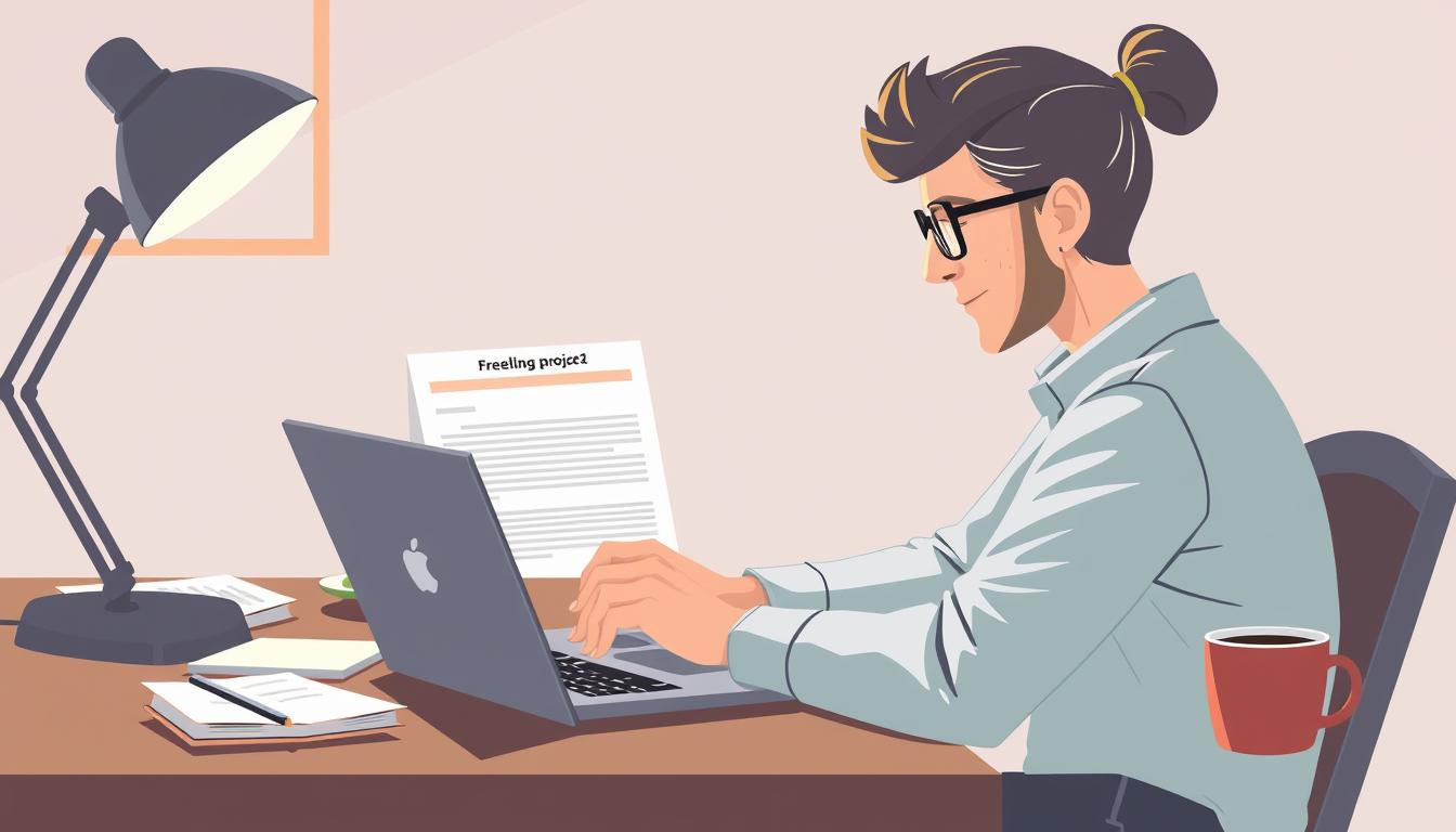 Generate an image of a freelance writer working on a Project24 blog post on a laptop.