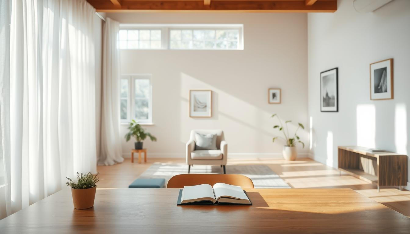 A sun-drenched room with minimalist decor, soft natural lighting filtering through sheer curtains. In the foreground, a neatly arranged wooden desk, its surface clear of clutter, with a single potted plant and a journal. In the middle ground, a comfy armchair facing large windows, inviting contemplation. The background features bare walls, a few carefully selected artworks, and a sense of openness and tranquility. The overall atmosphere evokes a serene, mindful space that cultivates gratitude and a decluttered, minimalist lifestyle.