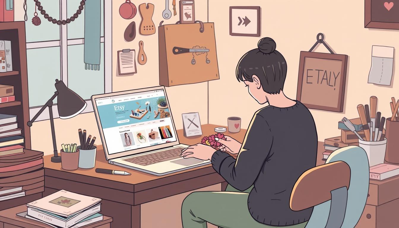 An image of a person working on a handmade craft at a desk with a laptop open to Etsy.