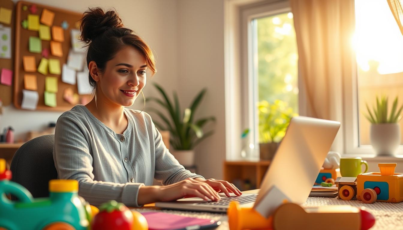 A cozy home office scene with a busy mom working on a laptop, surrounded by children's toys and a bulletin board with sticky notes. Soft, warm lighting illuminates the space, creating a sense of productivity and balance. The mom is focused, her expression conveying a mix of determination and nurturing care. In the background, a window overlooks a serene, sun-dappled garden, hinting at the flexibility and work-life harmony of her side hustle. The image evokes the idea of a mom finding creative ways to earn extra income while maintaining a fulfilling family life.