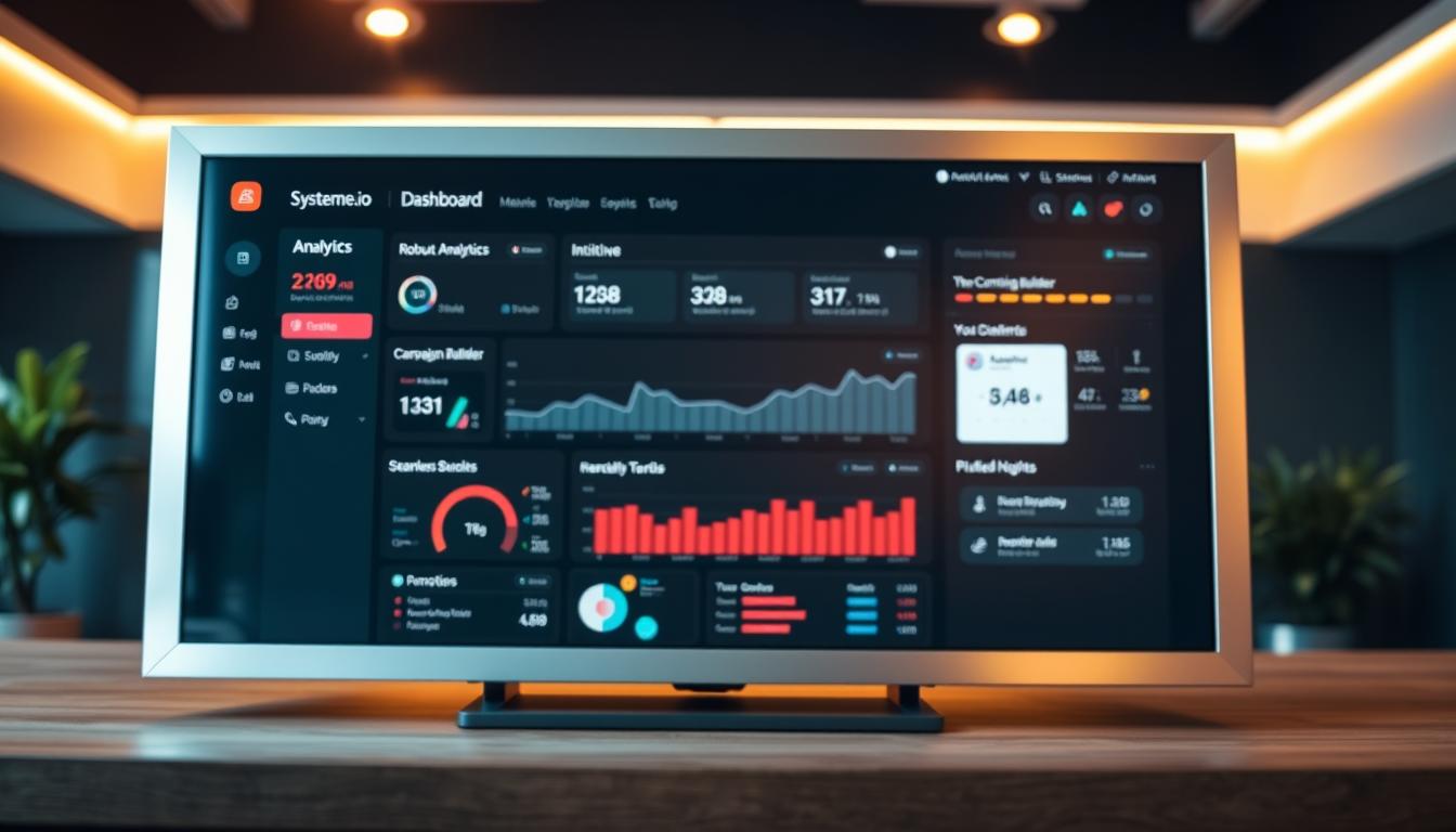 A sleek and intuitive Systeme.io dashboard displayed on a large, high-resolution screen. The dashboard UI features a clean, minimalist design with a dark color scheme, crisp typography, and clearly organized sections. In the foreground, a smooth, brushed metal frame surrounds the display, creating a sense of depth and premium quality. The middle ground showcases the dashboard's key functionality - robust analytics, intuitive campaign builders, and seamless automation tools. The background subtly blurs, keeping the focus on the dashboard's user experience. Warm, indirect lighting casts a soft glow, creating a productive and professional atmosphere. The overall scene conveys a powerful, all-in-one marketing platform that is both visually appealing and highly functional.