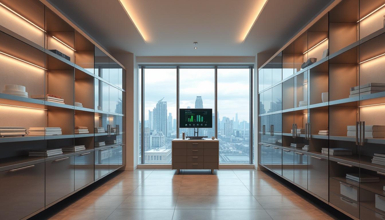 A modern, minimalist interior with sleek, high-tech storage solutions. Neatly organized shelves and cabinets made of brushed metal and tempered glass, their clean lines and neutral tones complementing the airy, open-concept space. Ambient lighting casts a soft, warm glow, highlighting the smooth surfaces and streamlined designs. At the center, a state-of-the-art smart home hub controls intelligent storage features like voice-activated retrieval, automated inventory tracking, and wireless charging for portable devices. In the background, large windows offer a view of a serene, urban landscape, reinforcing the sense of order, efficiency, and calm.