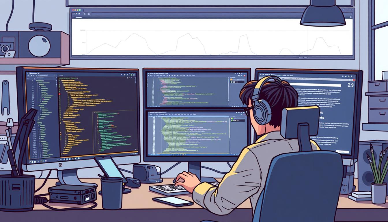 Generate an image of a web developer working on a website and mobile app development project.