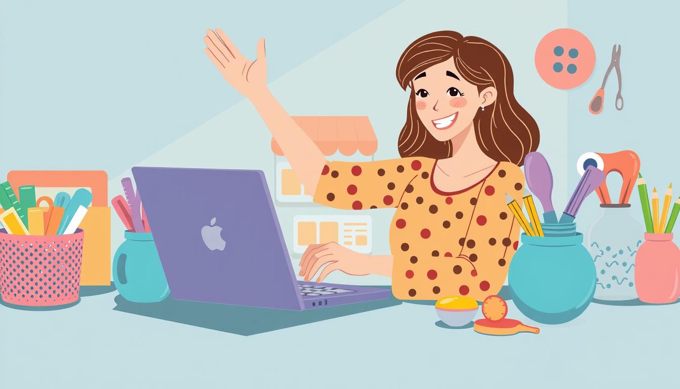 Create an image of a mom setting up an Etsy shop on her laptop