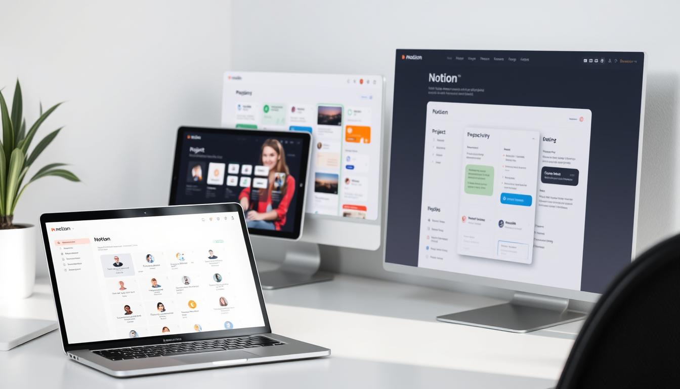 A minimalist workspace with a clean, organized desktop showcasing various Notion templates. Soft, natural lighting illuminates the scene, highlighting the templates' elegant design and intuitive layout. In the foreground, a laptop displays a Notion template for task management, its sleek interface and icons conveying efficiency and productivity. In the middle ground, a Notion template for project planning is open on a tablet, its structured sections and visual cues guiding the user's workflow. The background features a Notion template for personal organization, its customizable sections and seamless integration emphasizing the platform's versatility. The overall atmosphere exudes a sense of focus, simplicity, and the power of well-designed digital tools to boost productivity and efficiency.