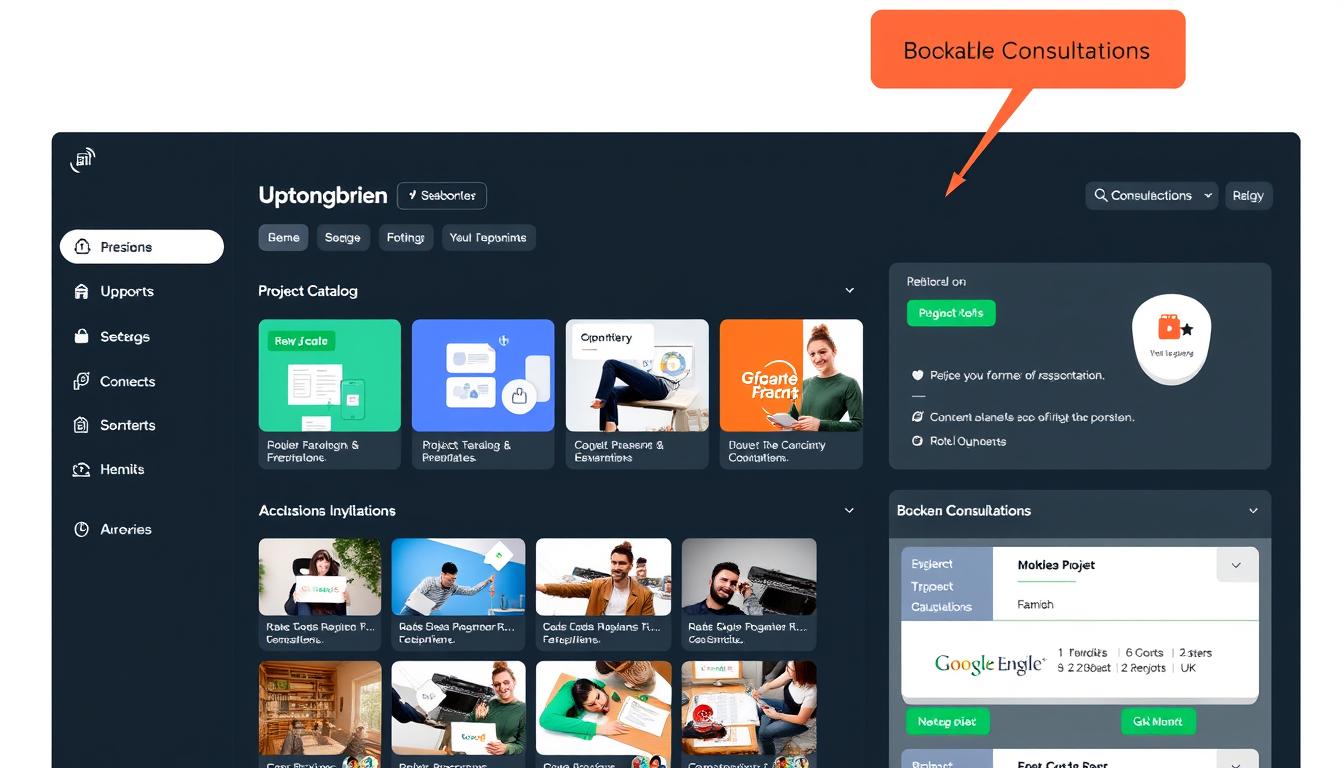 Create an image of a freelancer's dashboard on Upwork, highlighting the Project Catalog and Bookable Consultations features.