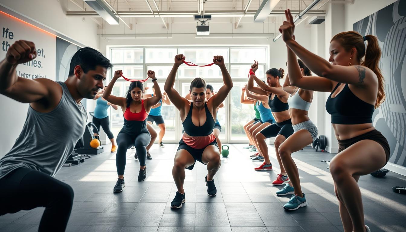 A vibrant, energetic scene showcasing a diverse array of people engaged in a variety of intense, targeted exercises designed to help them achieve their physical fitness goals in a short period of time. The foreground features individuals performing squats, lunges, and other dynamic movements, their faces exuding determination and focus. The middle ground highlights individuals using resistance bands, kettlebells, and other equipment to build strength and endurance. The background depicts a clean, modern gym setting with minimalist decor, abundant natural light, and motivational wall graphics. The overall atmosphere conveys a sense of camaraderie, determination, and a shared commitment to personal improvement, with the lighting and camera angle capturing the intensity and physicality of the workout routines.